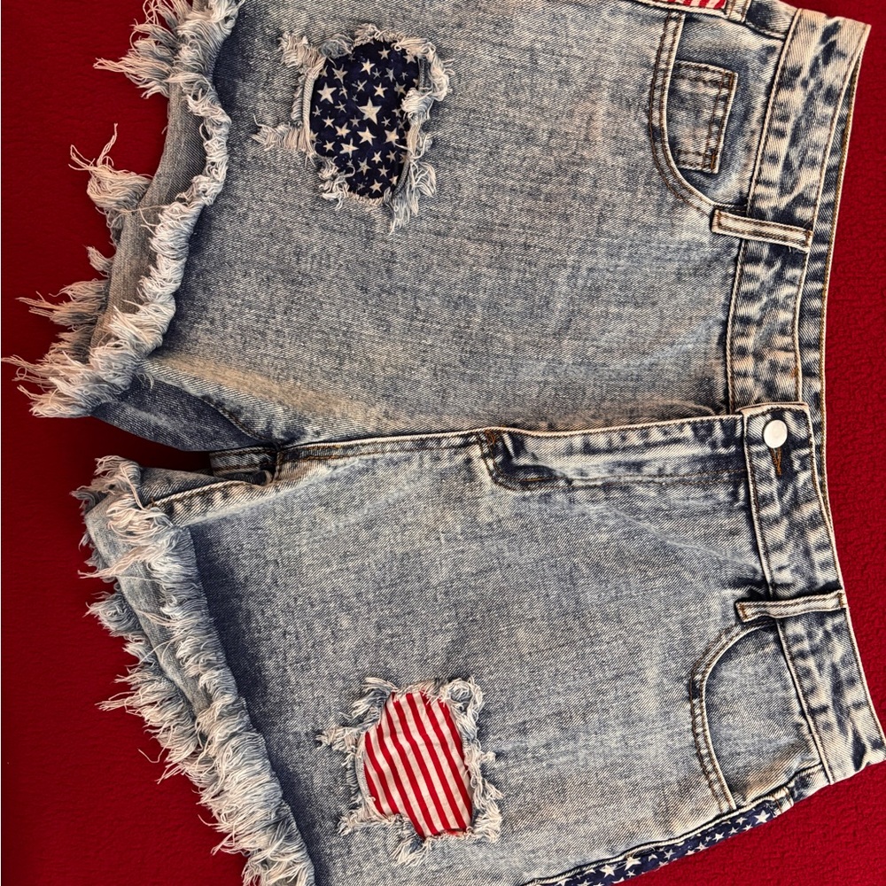 Denim Distressed Shorts with American Flag Patches